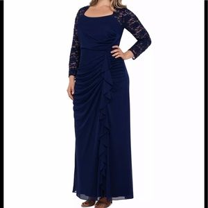 Formal Dress Plus Sizes 14 16W XSCPAE Navy Sequined Lace Sheer Long Sleeves NEW